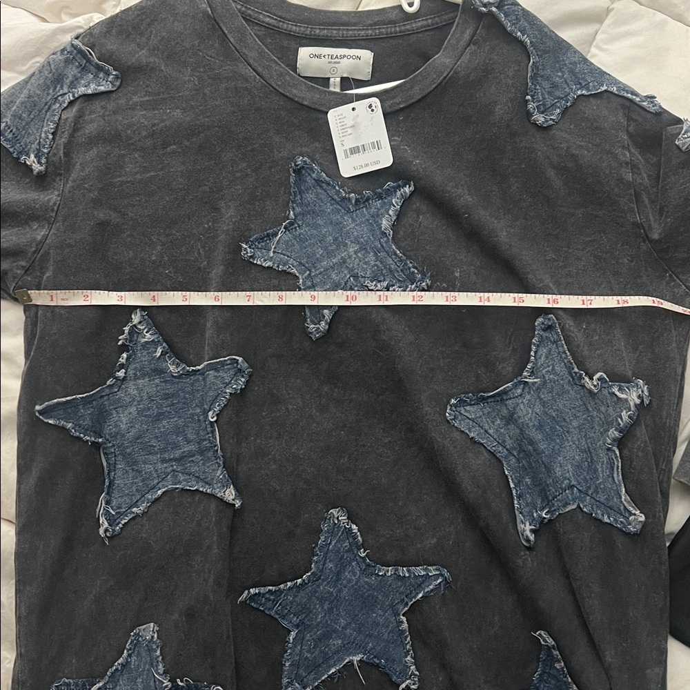 One Teaspoon Free People Gray Long Sleeve Top with denim blue Star Accents - Picture 6 of 6